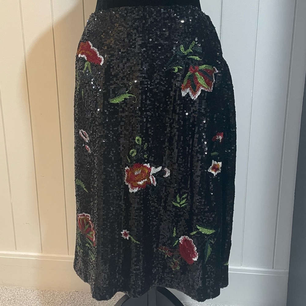 Anthropologie Black Sequin Midi Skirt with Red & Green Floral Embroidery